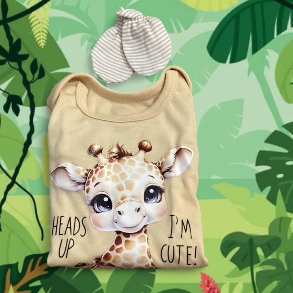Cute Giraffe Baby Onesie with Matching Baby Mitts Size 6-9 Months